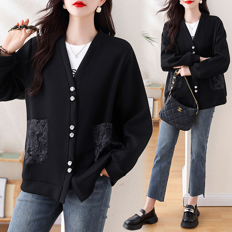 Plus-Size Black Casual Patchwork Korean-Style Jacket, Stylish V-Neck European Versatile Cardigan Top