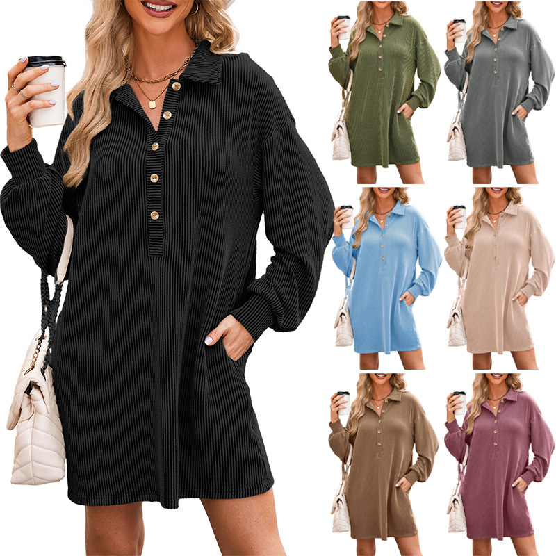 Autumn Amazon Cross-Border Women's New Solid Color Knitted Long-Sleeved Dress Loose Flesh-Covering Lapel Skirt