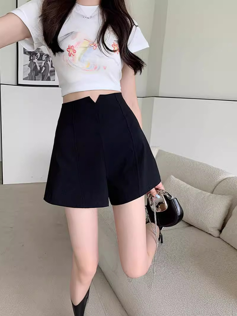 Skinny Black Pants Summer Korean Style 2024 New High Waist Design Sense Fashion Casual Pants Wide Leg Shorts Women's Trendy
