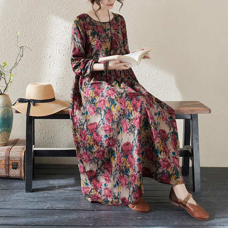 Real shot in stock cotton and linen printed round neck loose-fit plus size long sleeve chubby girl with extra fat to increase the dress of covering meat
