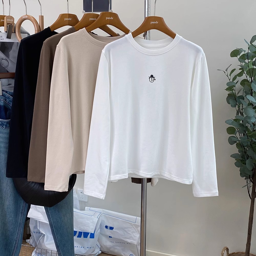 Simple Velvet Sanding Embroidered Round Neck Slim T-shirt Women's Super Soft Waxy All-match Pullover Loose Long-sleeved Base Shirt Trendy