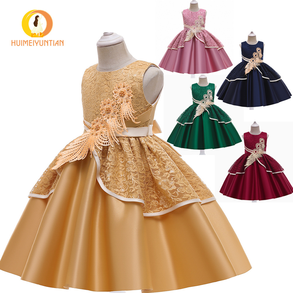 Wholesale Girls' Skirts 2025 European and American New Lace Satin Flowers Kidsren's Piano Performance Kidsren's Dress Princess Dress