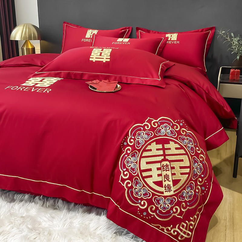 Picture of High-end European-style Wedding Four-piece Cotton Big Red Embroidered Sanding Quilt Cover Wedding Bedding Accompanying Wedding Room