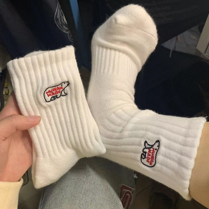 Trendy Socks Polar Bear Embroidered Cartoon Couple's Mid-Length Socks Thickened Warm Japanese and Korean Simple All-Match Cute Autumn and Winter Stockings