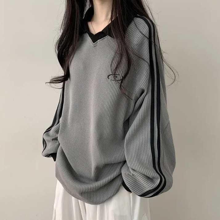 Foreign Trade 3 Color Waffle Korean Polo Collar Retro Thin fleece-lined Sweatshirt Women 2024 New Spring Autumn Winter
