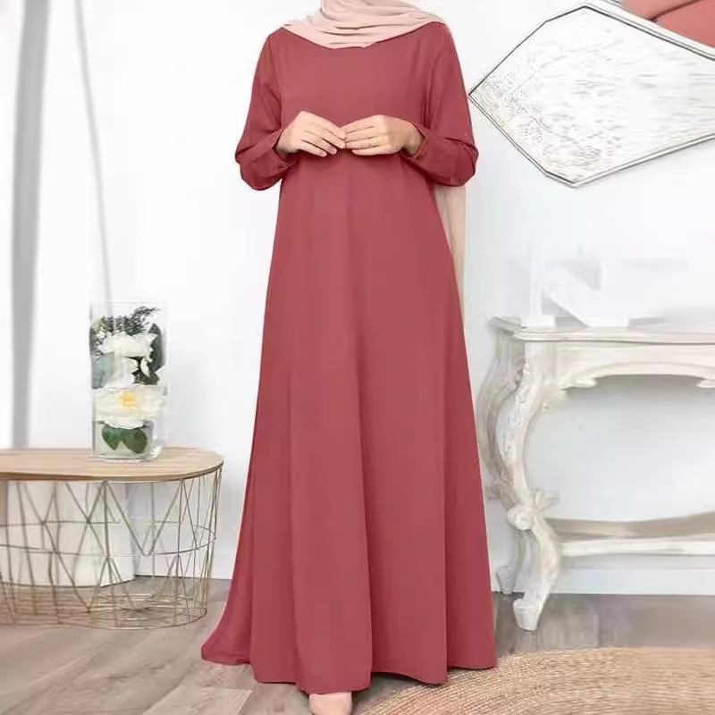 in stock New Cross-border Middle East Muslim Solid Color Loose Pullover Casual Elegant Long Sleeve Long dress Factory Batch