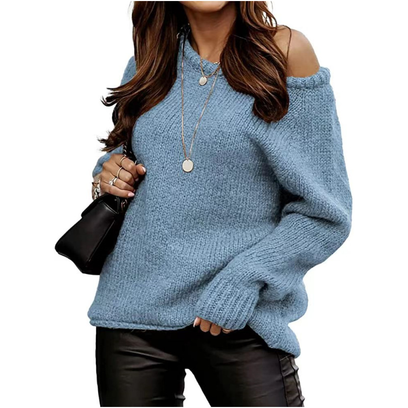 Picture of Cross-Border Amazon Autumn and Winter Off-Shoulder Sexy Round Neck Pullover Sweater Solid Color Casual Loose Large Size Sweater for Women