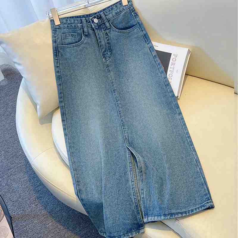Split Denim Skirt Women's Summer New High Waist Slimming A- line Skirt for Petite Wear Mid-length Hip Skirt