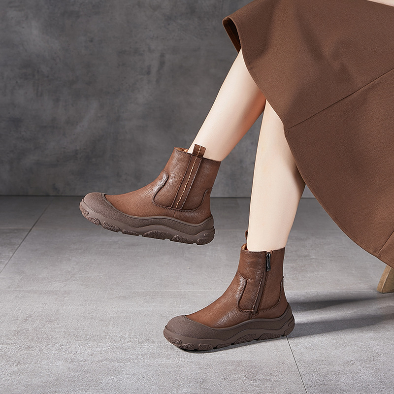 Dongguan Foreign Single Winter New Thick-Soled Snow Boots Round Toe Warm Thickeneded Boots Women's Genuine Leather Casual Retro Cotton Shoes