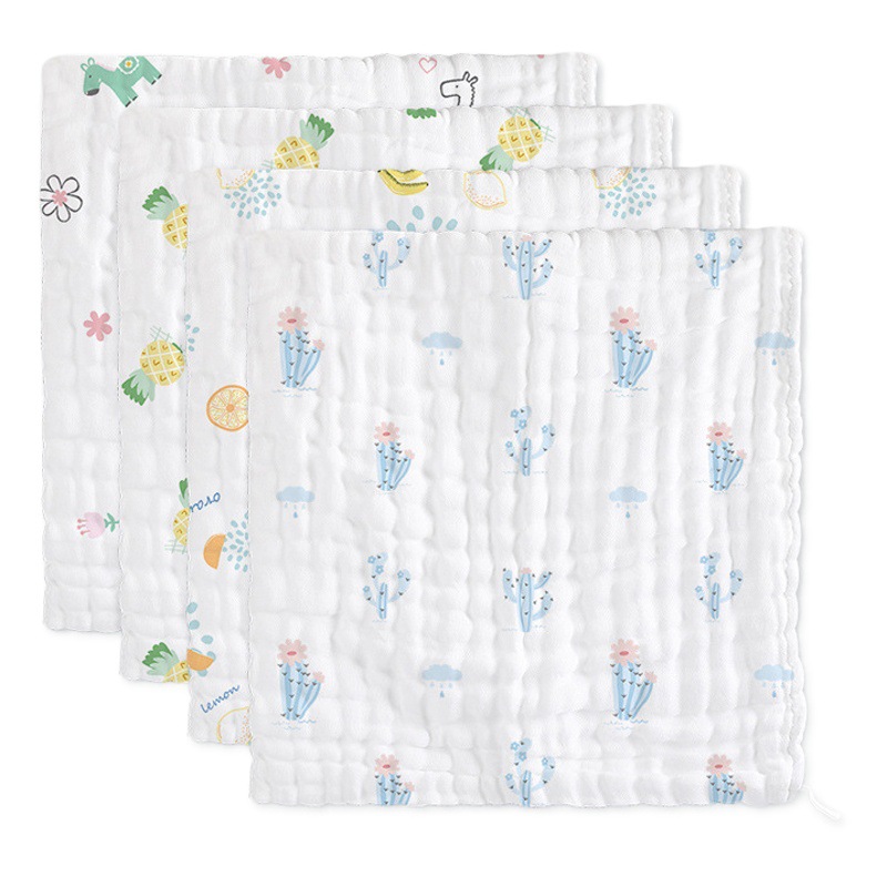 Class A Xinjiang Pure Cotton Newborn Baby Face Square Gauze Thickened Pleated Buersucker Printed Children's Slipper Towel