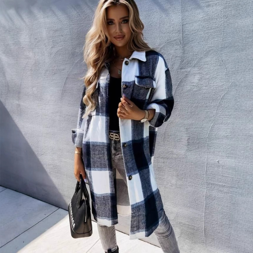Picture of Cross-border Fashion Plaid Shirt 2021 Autum New Aliexpress Elegant Long Outwear Cardigan Lapel Shirt for Women