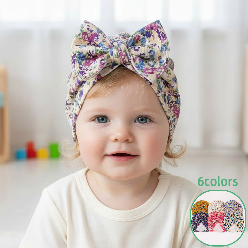 European and American New Style Infant Hats, Children's Ribbed Printed Bow-Knot Hats, Thin Baby Hats for All Seasons