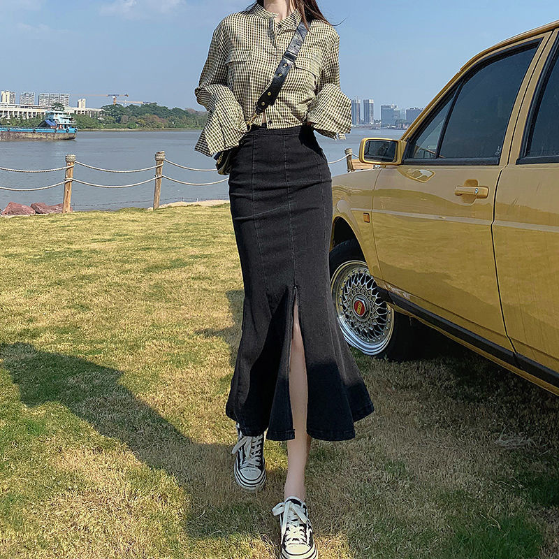 Split fishtail skirt women's pleated skirt Denim mid-length high waist slim skirt mid-length hip skirt trendy