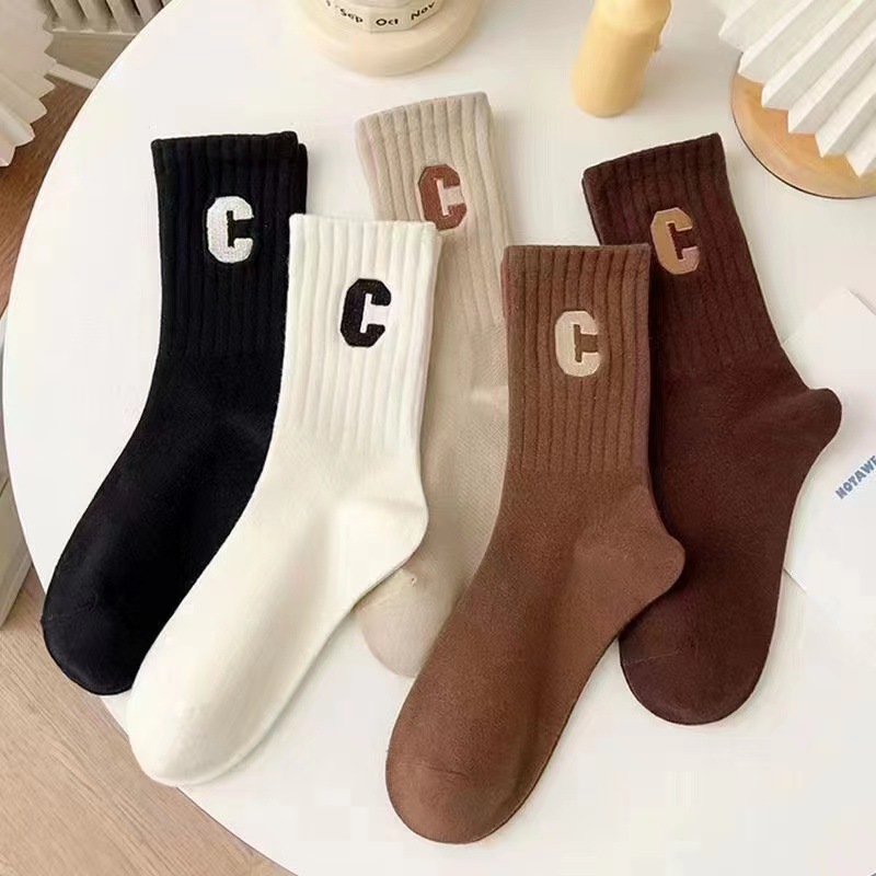 Women's socks autumn and winter warm letter C mid-calf length socks net infrared wear stockings trendy all-match Sports socks socks manufacturers