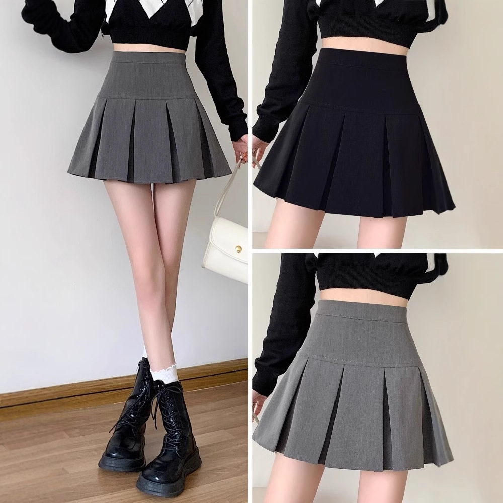 Grey Pleated Skirt Women's Spring and Autumn 2024 New High Waist Slim A- line Short Skirt Small Skirt Ponted Umbrella Skirt