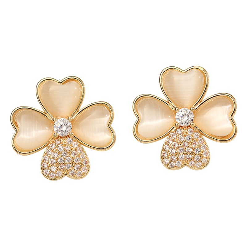 s925 Silver Needle Opal Four-leaf Clover Earrings Advanced Sense Niche Design 2023 New Women's Round Face Earrings