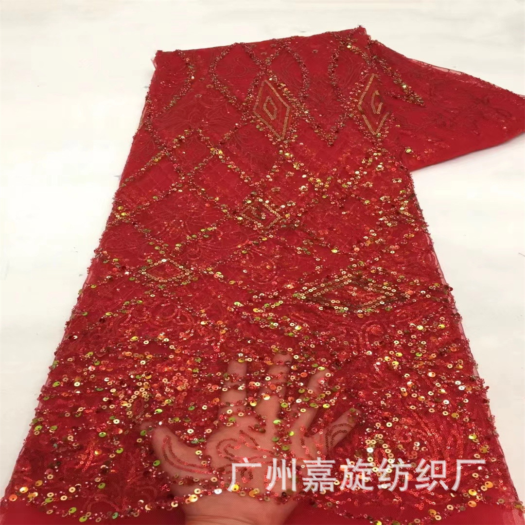 Picture of Colorful Sequin Rhombus Embroidery Fabric African Ethnic Style Mesh Wedding Dress Fashion Dress Embroidered Fabric