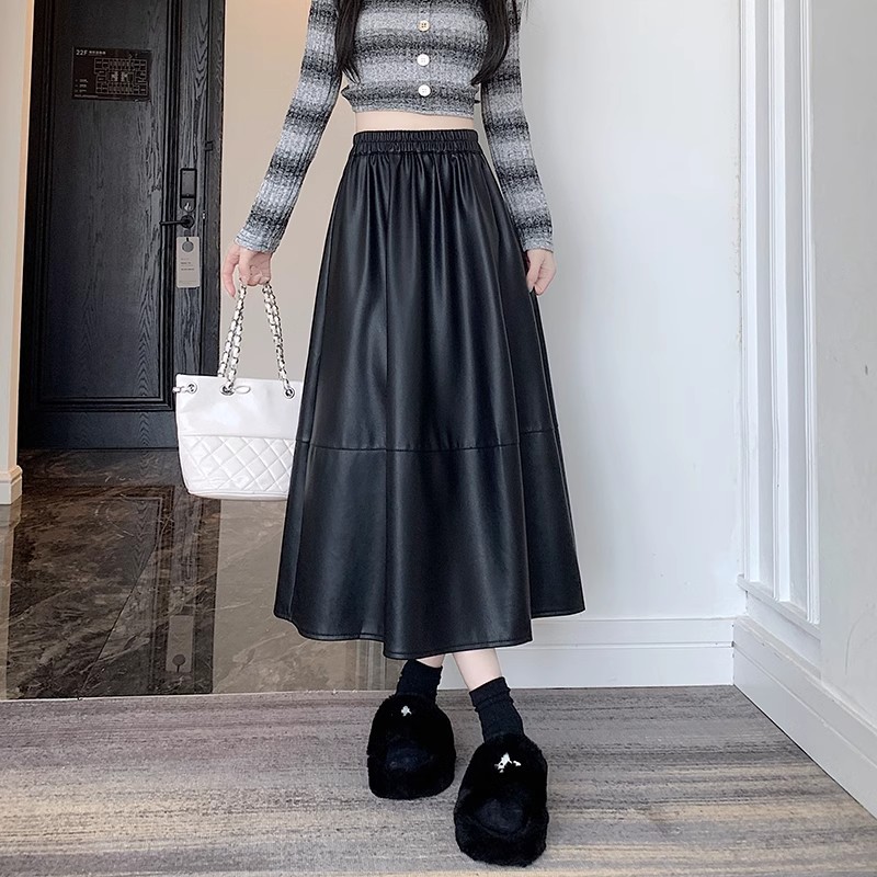 2024 autumn and winter new pu leather mid-length leather skirt all-match elegant fashion skirt women's long skirt umbrella skirt elastic waist