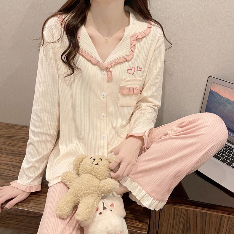 Picture of ins Cyber Celebrity Lace Long-sleeved Simple Black Spring and Autumn Long-sleeved Trousers Cardigan Pajamas Women's Sweet Loose Home Clothes