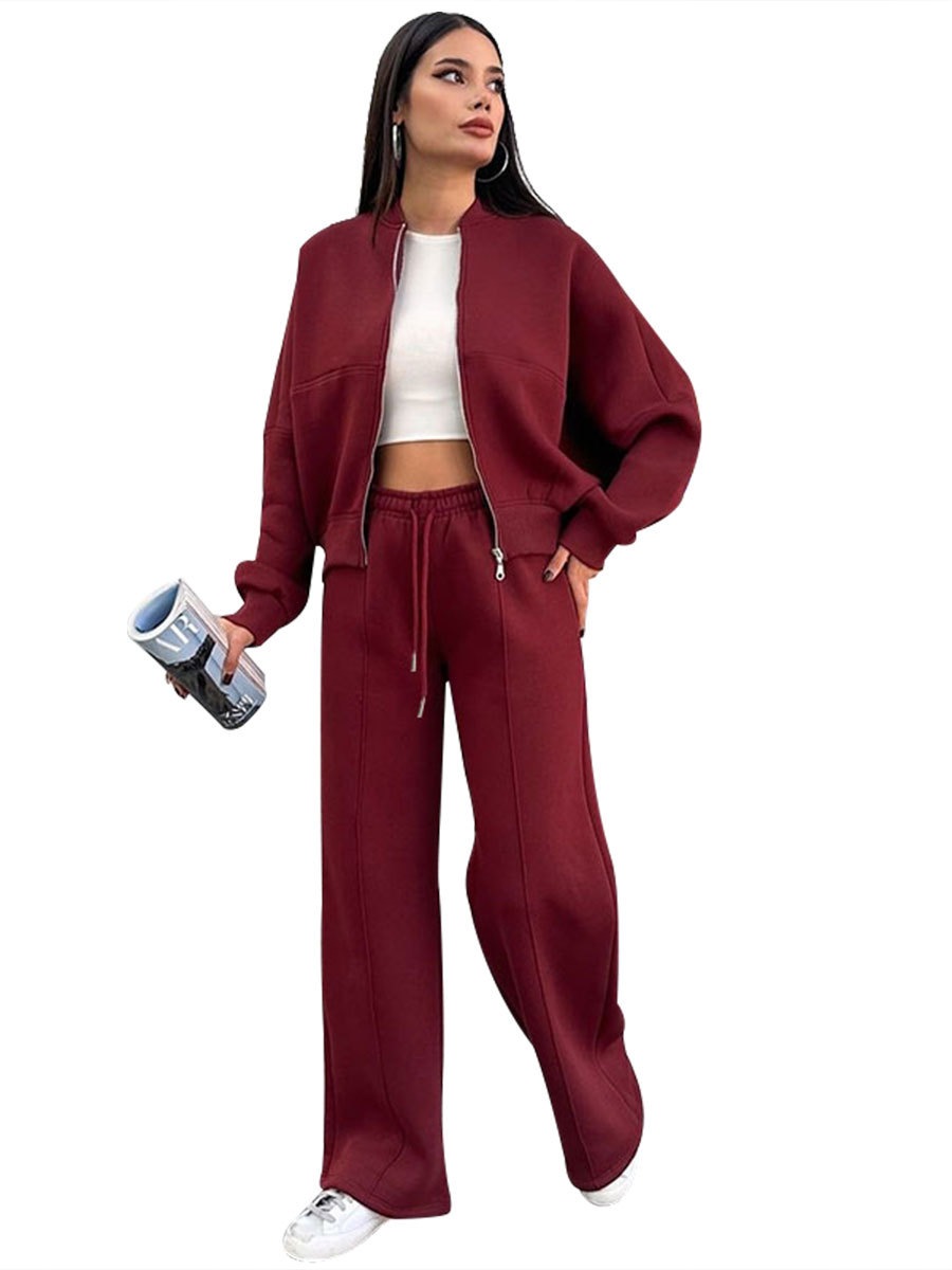 Picture of 211348 autumn and winter new cross-border European and American solid color zipper cardigan sweater women's fashion casual straight pants suit
