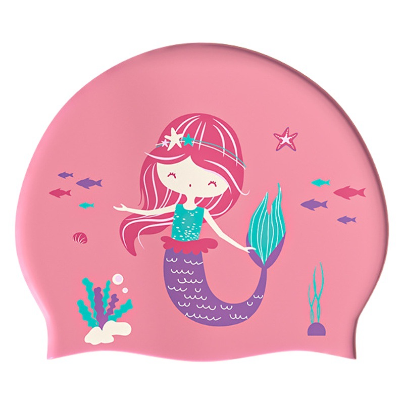 Children's Swimming Cap Mermaid Girls Cute Cartoon Silicone Waterproof Fit Professional Ear Protection Swimming Cap