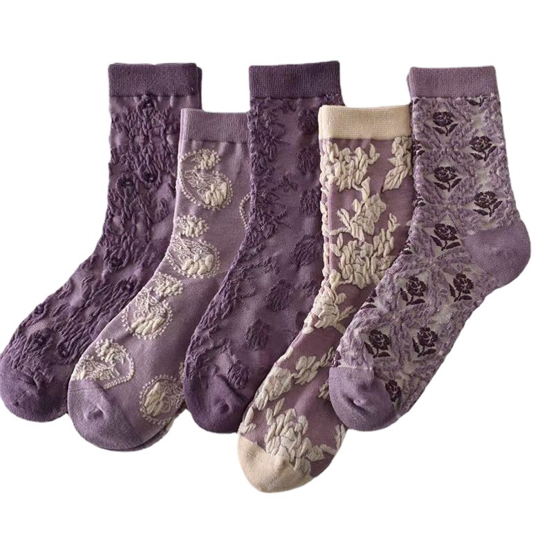 Liaoyuan Jiao Brand Cotton Socks Autumn and Winter New Vintage Three-dimensional Embossed Purple Korean Style Socks Women's Mid-barrel Instagram Style Trendy All-match