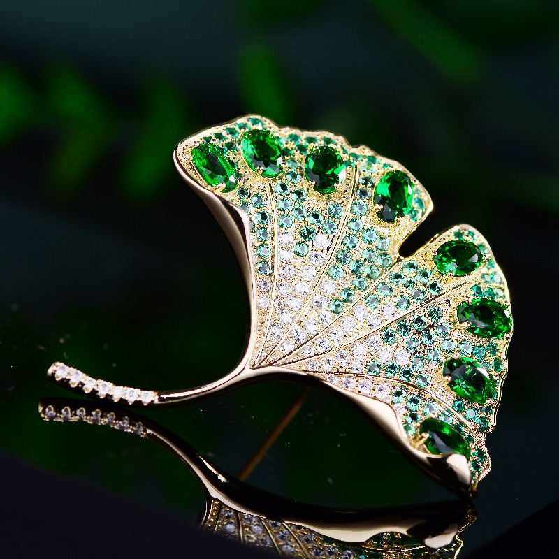 Picture of New Korean style elegant ginkgo leaf zircon brooch fashionable elegant leaf clothing pin creative clothing accessories for women
