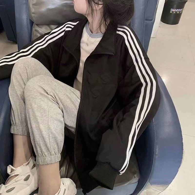 Picture of Spring and Autumn New Three Bar Coat Women's Korean Thin Jacket Student Black Baseball Suit Women's Loose Casual Top