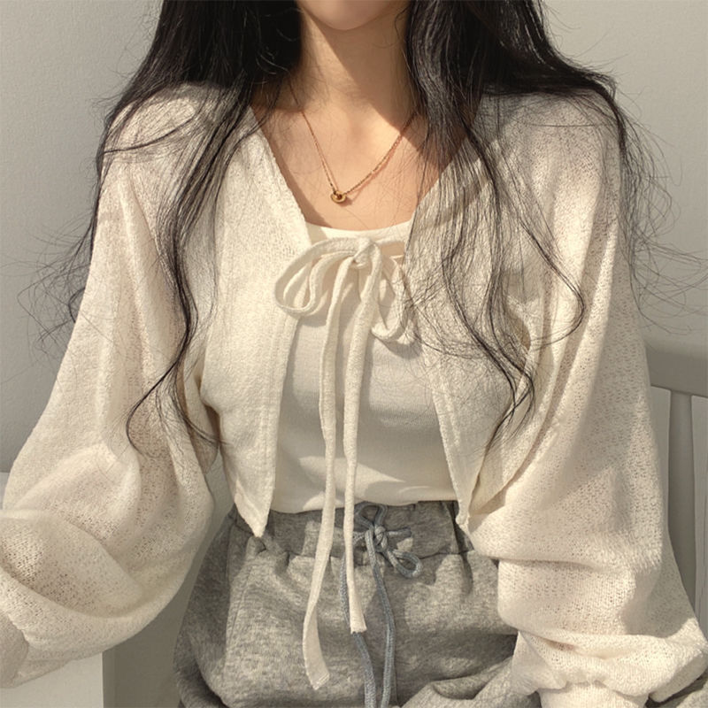 South Korea Chic Summer Niche Vintage All-match Design Sense Strap Lantern Sleeve Short Thin Cardigan Coat Women