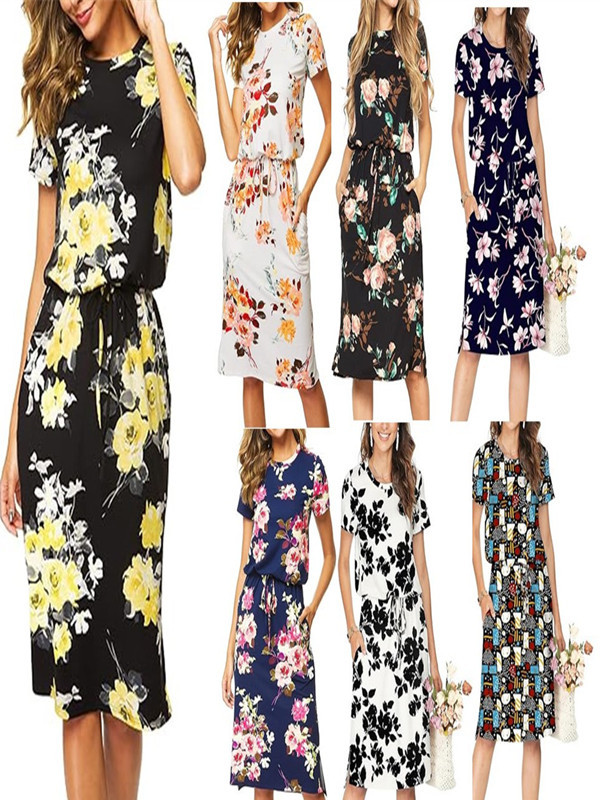2025 cross-border Amazon AliExpress explosions Europe and the United States summer new casual short sleeve printed pocket dress