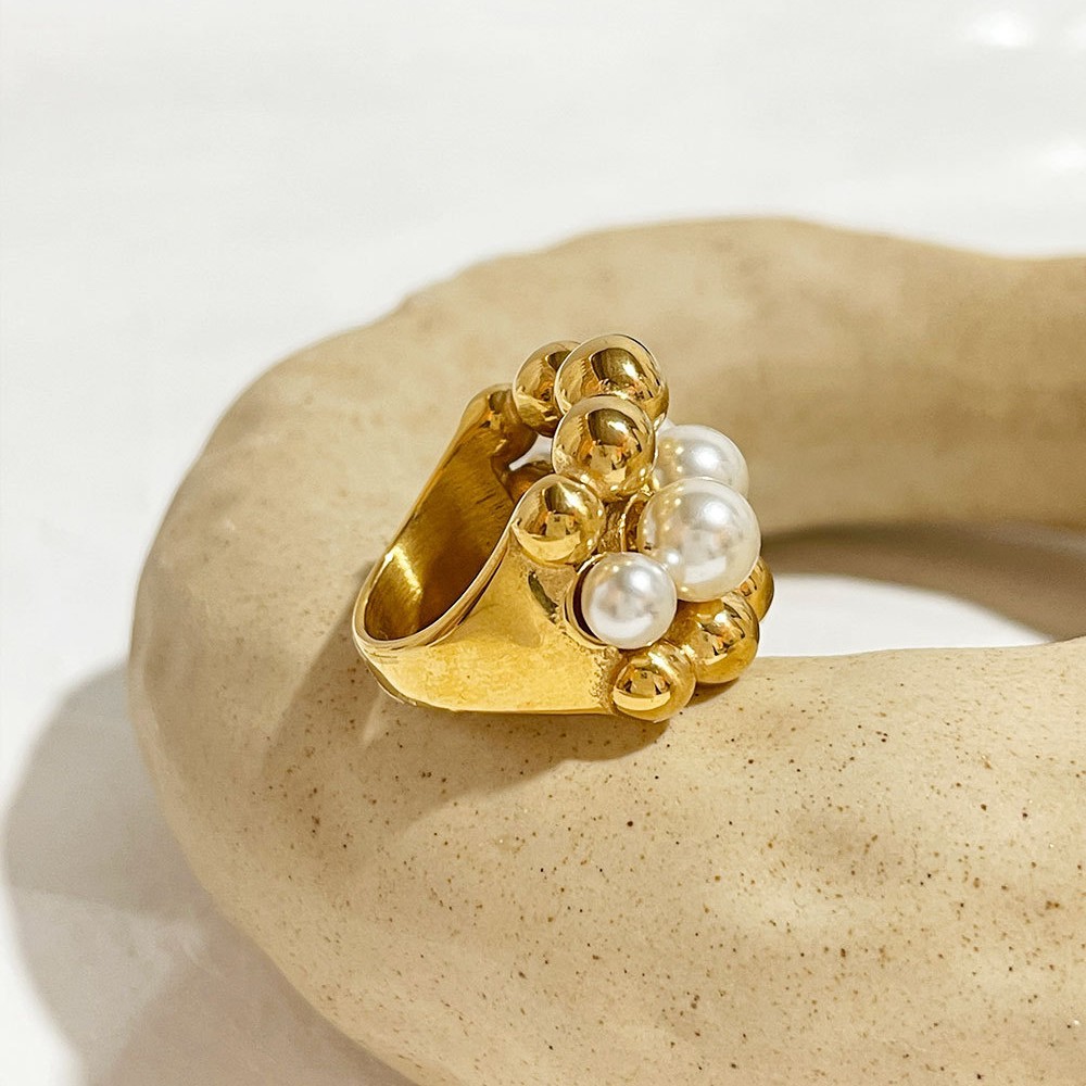 Picture of European and American style exaggerated high-level multi-layer beaded pearl stainless steel ring for women retro temperament pearl ring for women