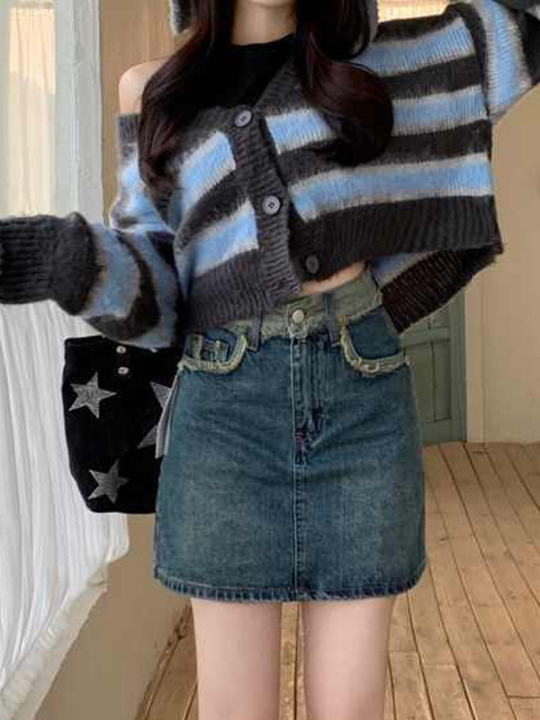 Spice Girl Stitching Vintage Denim Skirt 2024 Summer New Arrival High Waist Short A- Line Lined Hip Skirt