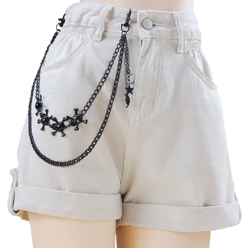 European and American heavy metal skull cross double black metal trousers chain moon star pendant fashion versatile