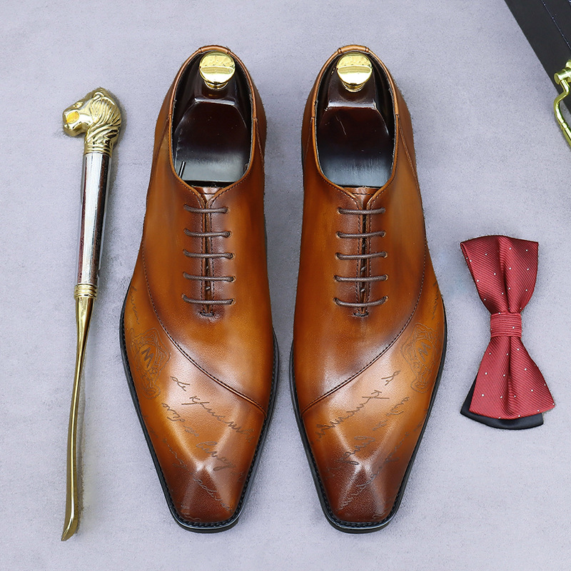 Men's formal leather shoes cowhide vintage diamond toe English casual business British wedding shoes genuine leather men's leather shoes men's