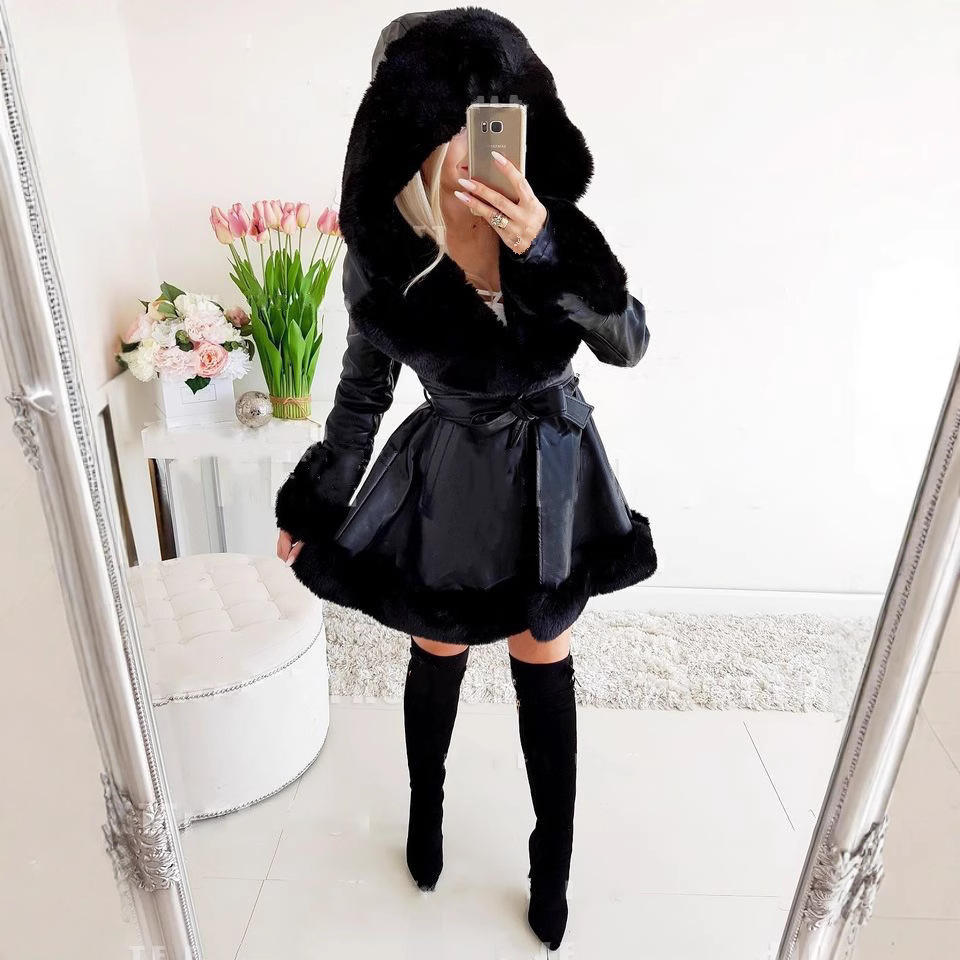 Picture of Popular winter coat small fragrant style short rough edge hooded fur stitching A- type coat winter fashion