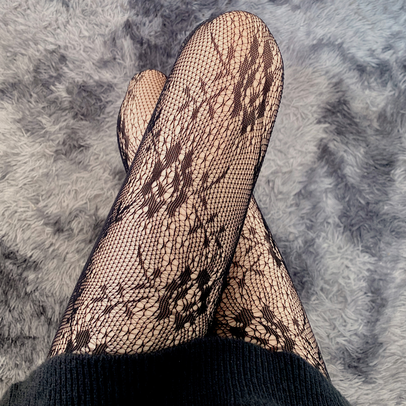 Black Silk Flower Sexy Girl Bottoming Pantyhose Sweet Spicy Japanese Summer Thin Fishnet Stockings Mesh Hollow Jk Socks