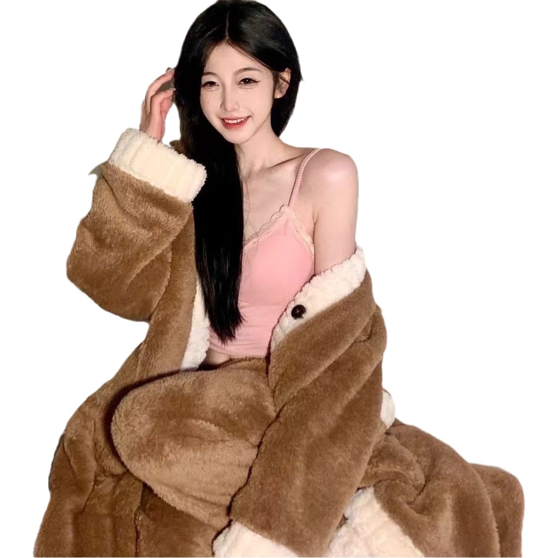 Coral fleece pajamas for women autumn and winter new online red style thickened warm plush nightgown trousers high-end home suit