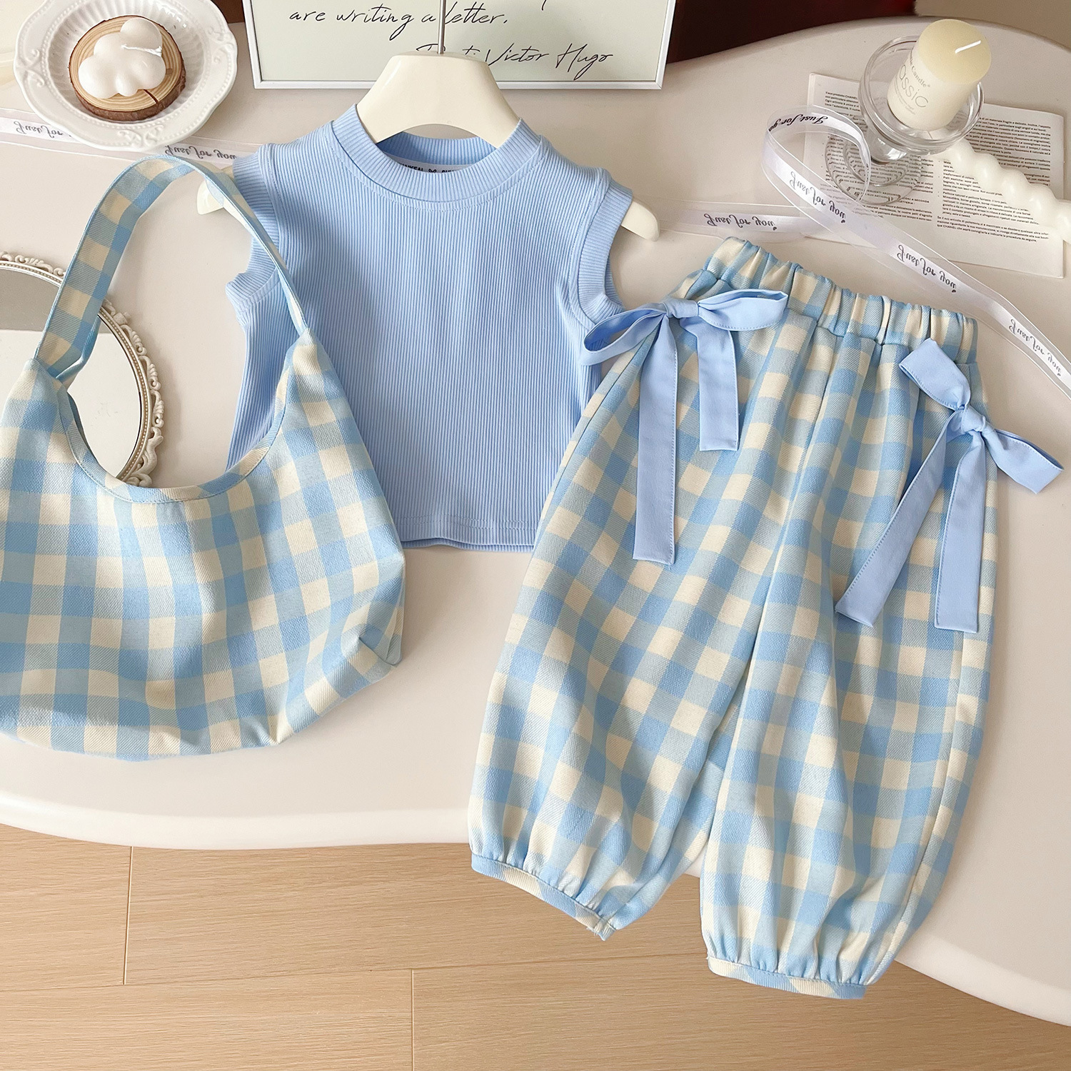 Summer New Korean Style Girls' Sleeveless Short T-Shirt Ice Silk Pier Pants Vest suit Girls' Fashionable Cool Two-piece Set
