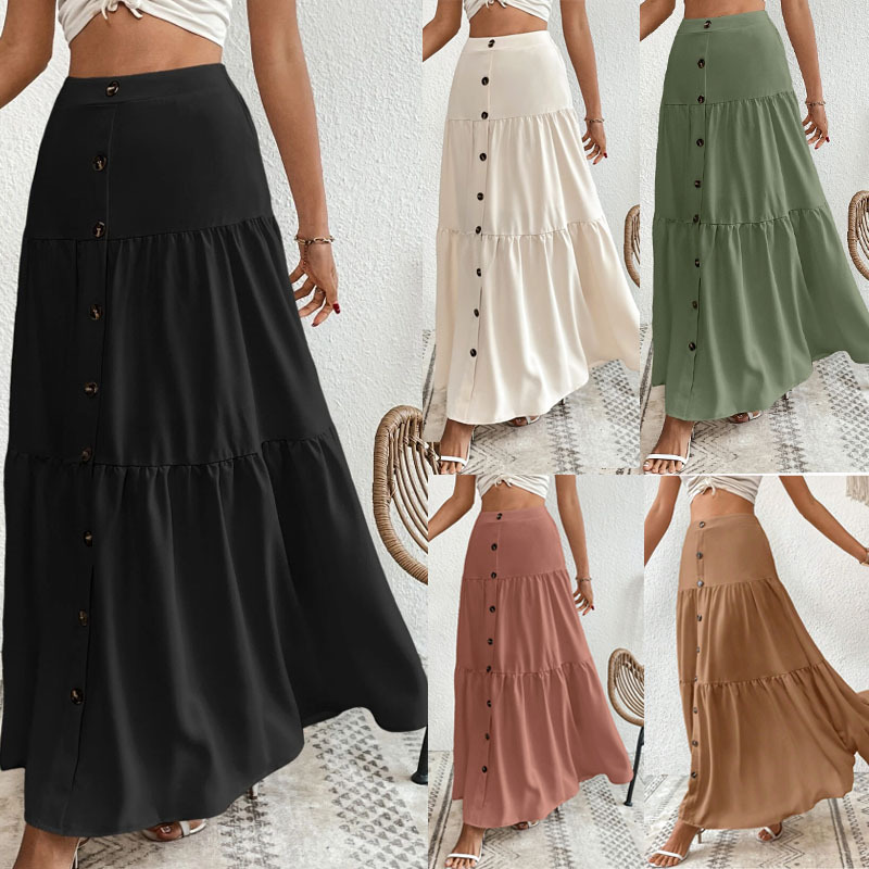 Europe and the United States cross-border women's skirt 2024 new button fashion temperament casual elastic waist long cake skirt
