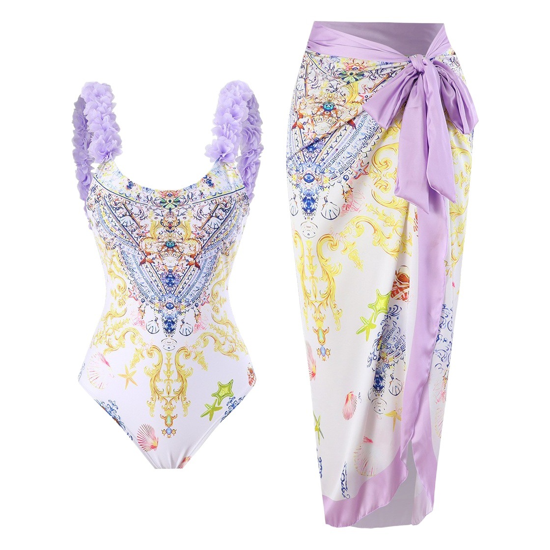 Langqi 2024 French style new one-piece printed skirt conservative swimsuit Amazon foreign trade two-piece women's swimsuit