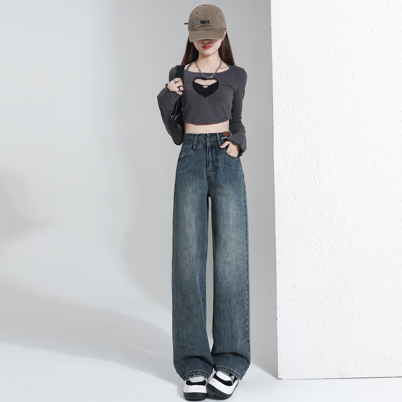 Picture of High Waist Wide-leg Pants Fleece-lined Jeans Women's Spring and Autumn 2023 New Style Small Straight-leg Pants Loose Pants Winter