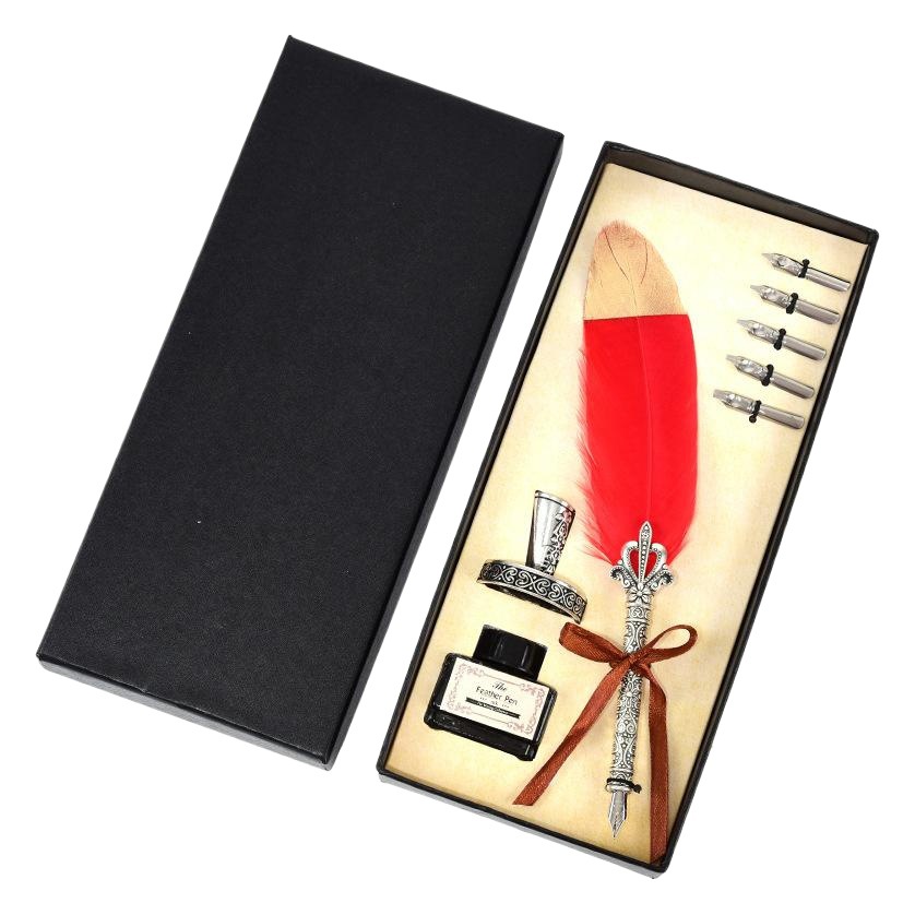 Retro Feather Pen Set Birthday New Year Gift Valentine's Day Oblique Pen Insert Ink Carved Set Feather Pen Pack
