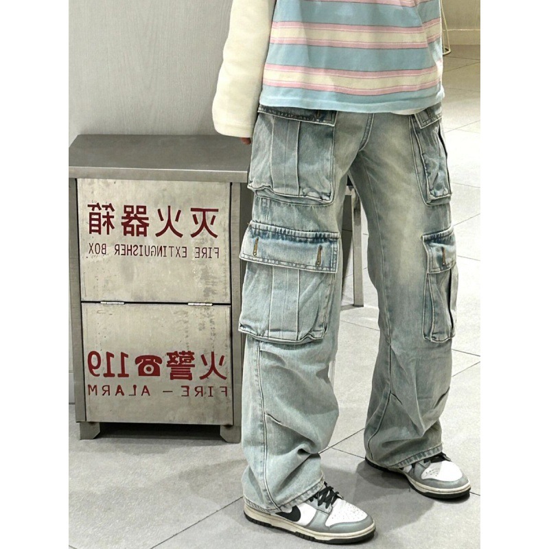 American Style Retro Washed Overalls Women's Autumn and Winter New High Street Multi-Pocket Casual Loose Straight Denim Pants