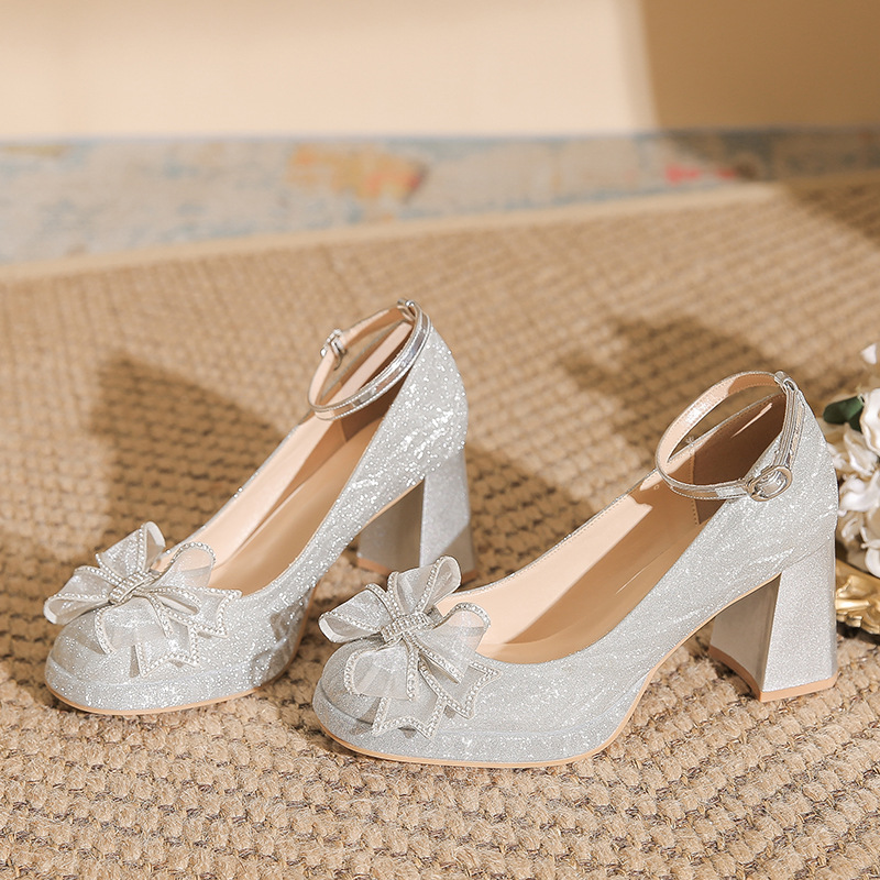 Waterproof Bow, Beautiful Fine Glitter High Heels, Xiuhe Wedding Dress, Two-Wear, Non-Tiring Feet, Wedding Shoes, Bridesmaid Shoes, High Heels
