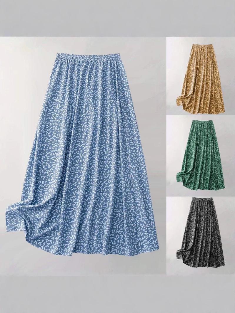 2025 European and American cross-border floral print midi skirt with front slit and temperament, elastic waist midi skirt, A-line skirt