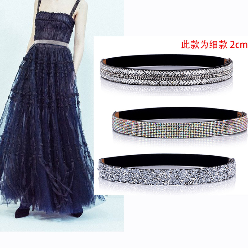European and American Belt Women's thin rhinestone decoration dress narrow Korean style versatile women's elastic waist seal elastic outer waist