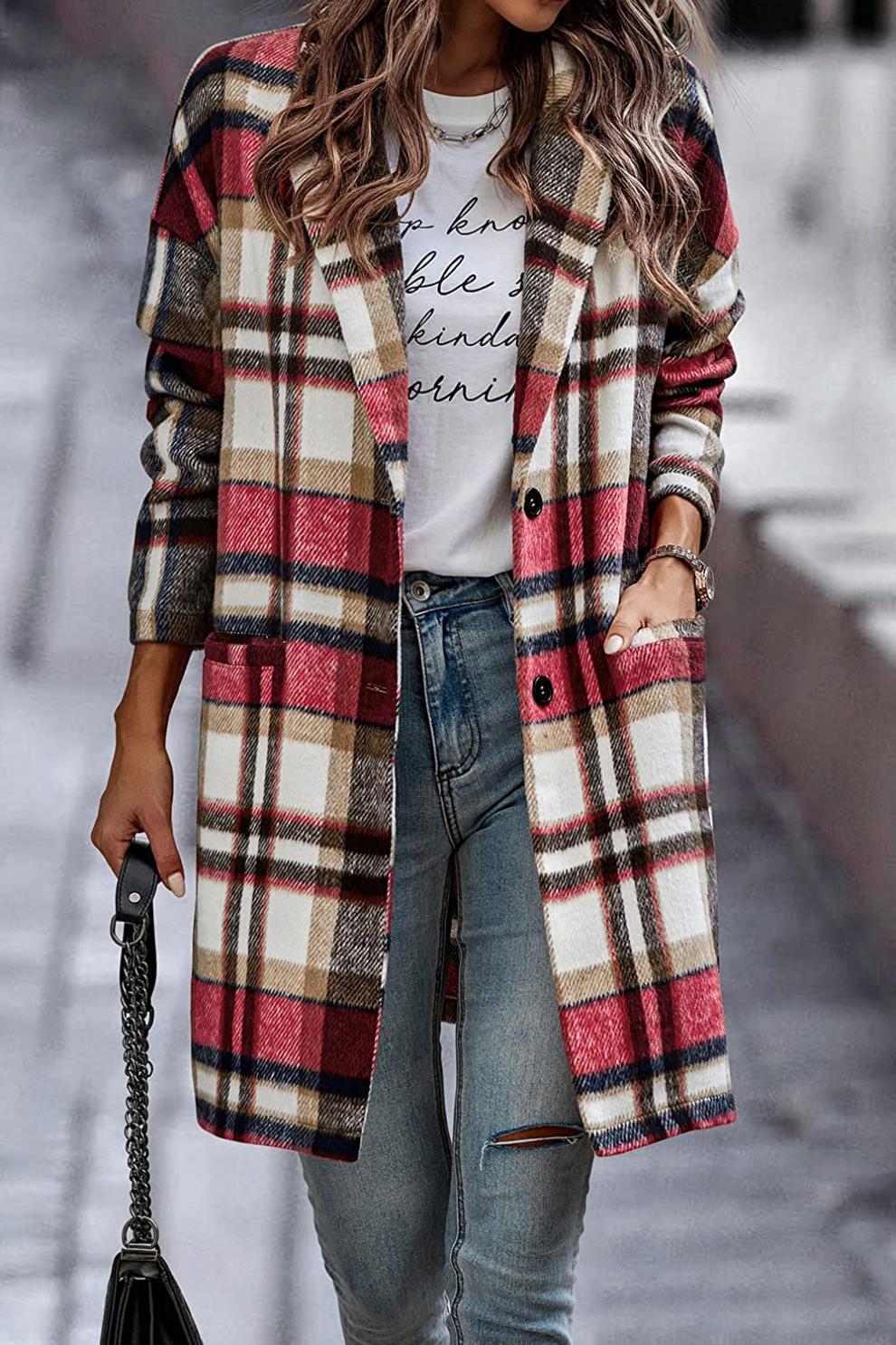Picture of European station autumn new European and American British style Plaid lapel women's suit casual jacket