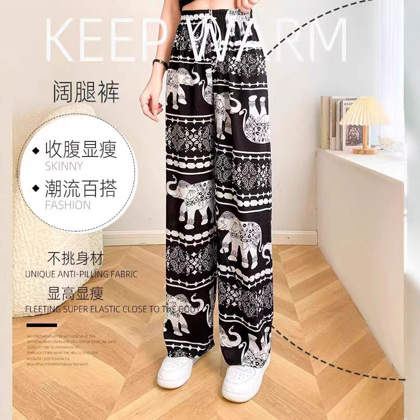Southeast Asian Internet Celebrity Ethnic Style Thai Elephant Wide Leg Pants Women's Creative Beach Pants Summer High Waist Slimming Straight Pants