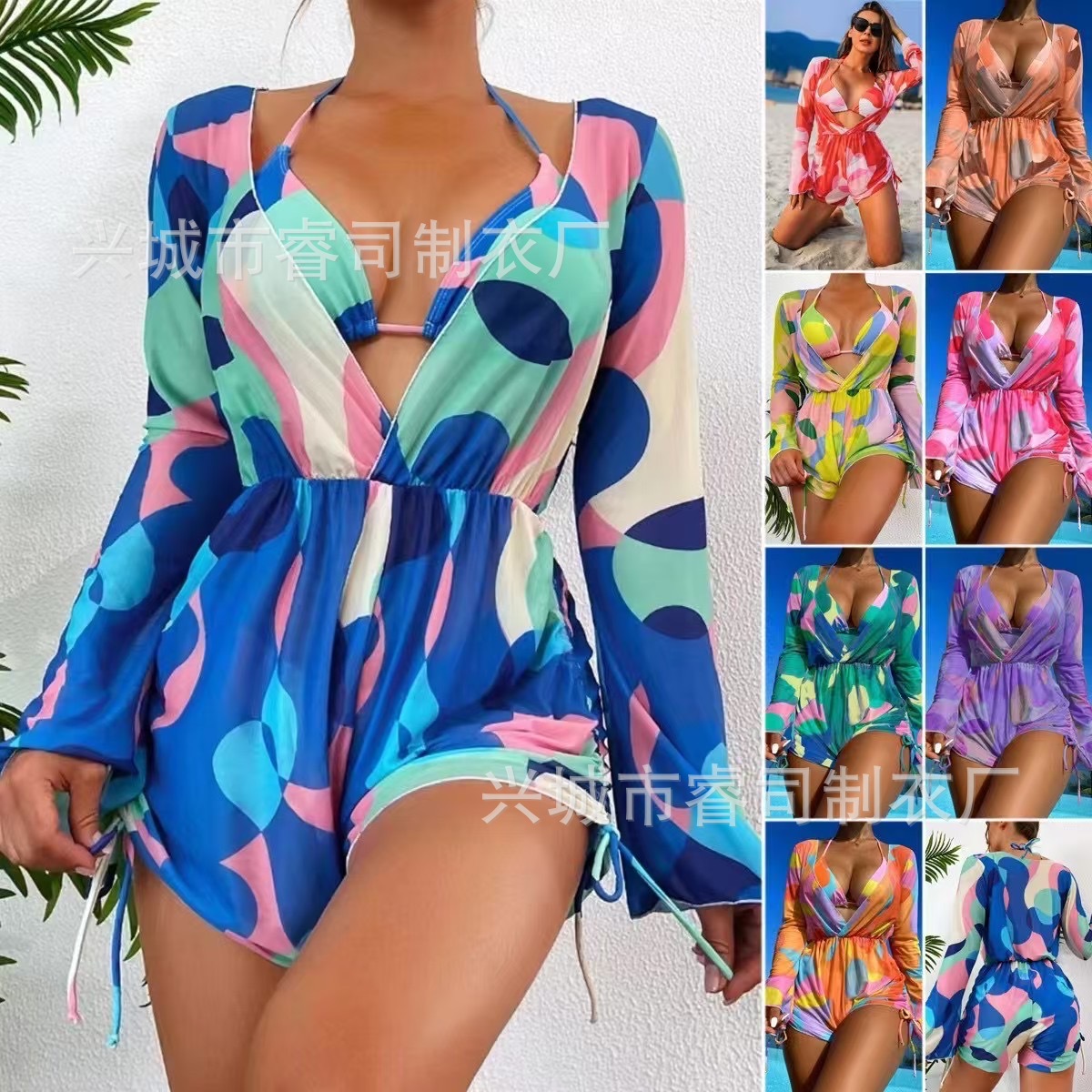 2025 New Swimwear European and American Sexy Bikini Mesh Blouse Three-piece Split Women's Swimwear Bikini