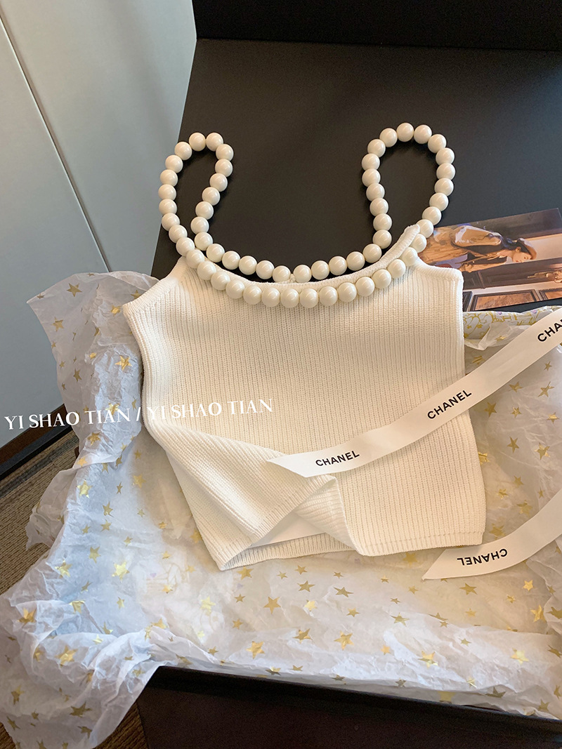 White Pearl Halter Camisole Women's High-end Sense 2023 Summer New Slim-fit Slimming Sexy Knitted Top